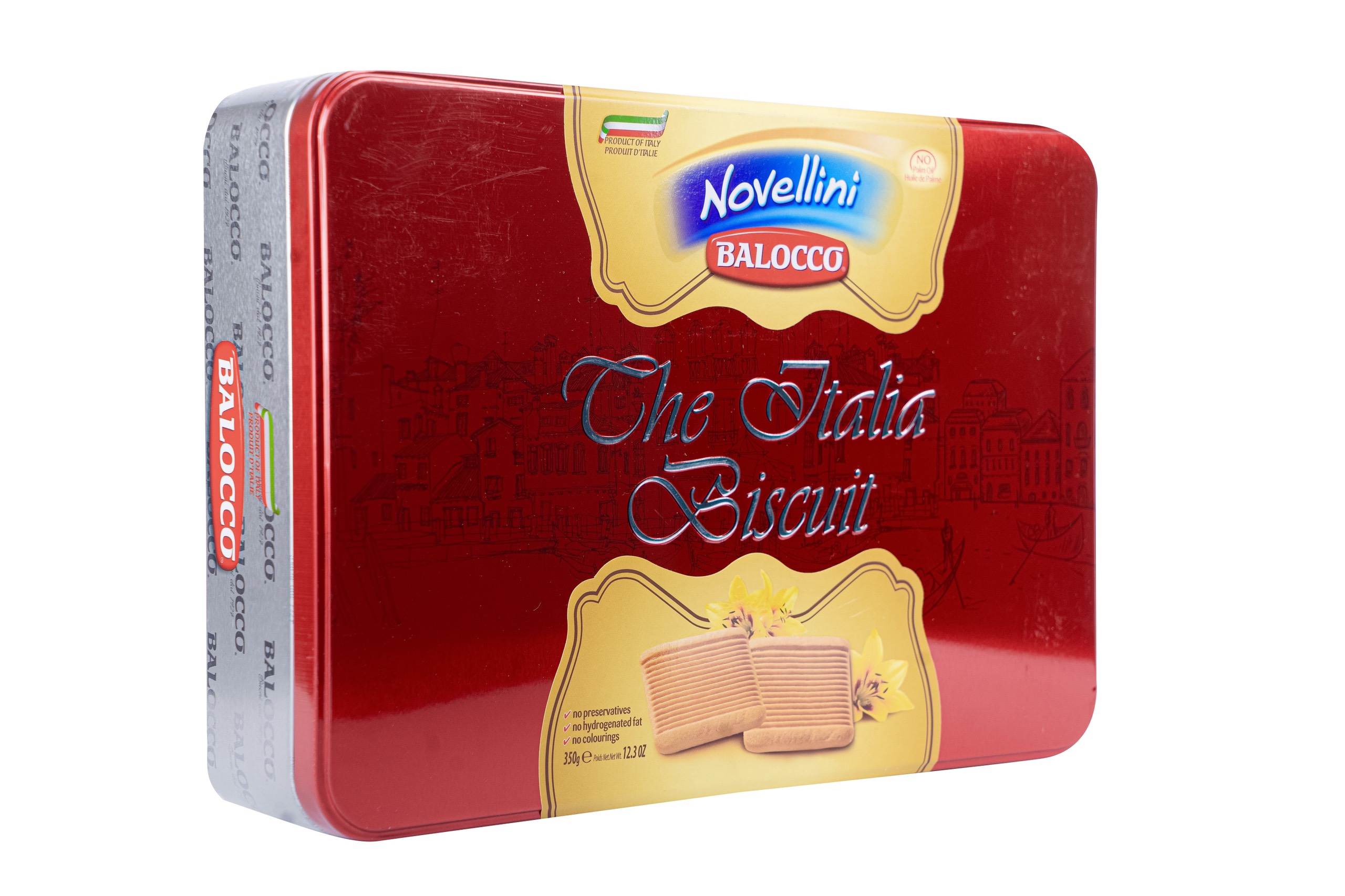 Bánh quy bơ hộp thiếc Novellini 350g màu đỏ